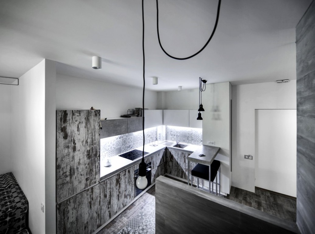   Небольшая кухня квартира-студия стиль минимализм